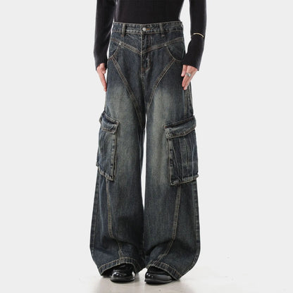 Trendy Deconstructed Wide Leg Cargo Jeans