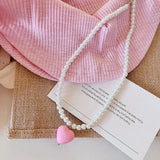 Handmade Pink Heart Pendant Pearl Necklace