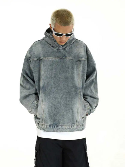 Breathable Patchwork Blue Wash Denim Hoodie