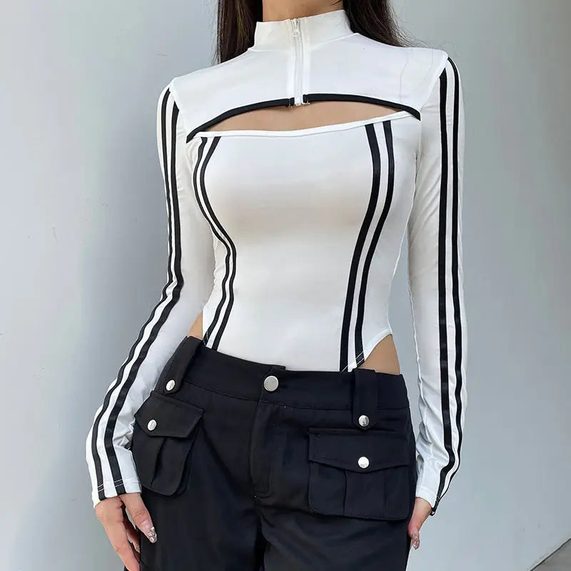 Model wearing the white Cutout Long-Sleeve Striped T-Shirt