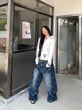 Blue Oversized Letter Print Wide Leg Jeans