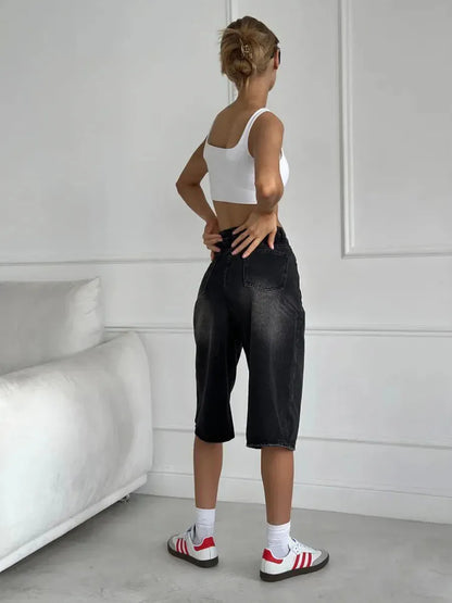 Streetwear Low Waist Wide Leg Denim Jorts
