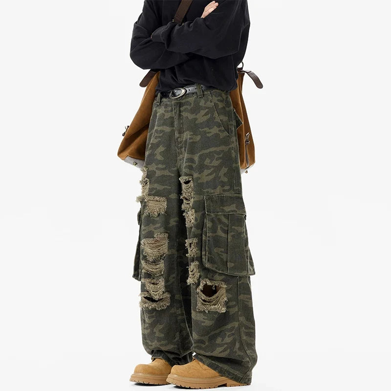 Camouflage Loose Ripped Straight Leg Cargo Jeans