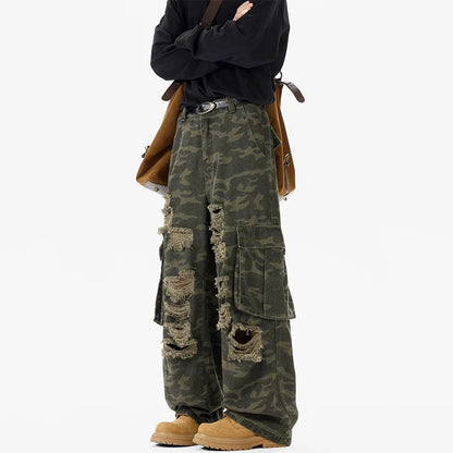 Camouflage Loose Ripped Straight Leg Cargo Jeans
