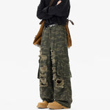 Camouflage Loose Ripped Straight Leg Cargo Jeans