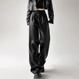 Retro Black Wide Leg Leather Pants