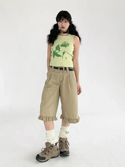 Chic Patchwork Wide Leg Denim Jorts
