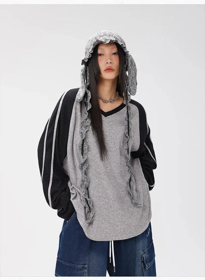 Black and Gray Contrast Color Long Sweatshirt