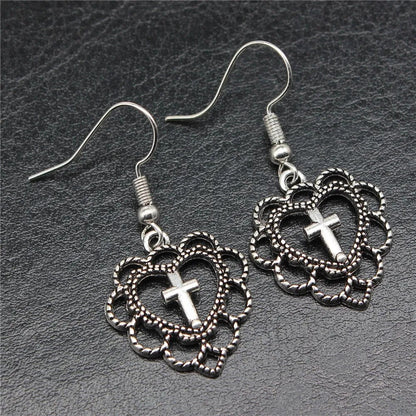 Silver Color Heart Cross Earrings