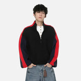 Chic Contrasting Stand Collar Knitted Half Zip Sweater