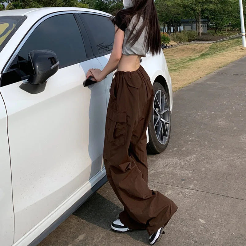 Women Cool Brown Vintage Drawstring Cargo Pants
