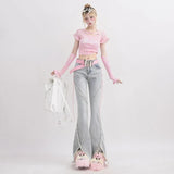 Women Retro Lace Up High Waist Straight Denim Jeans