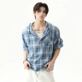 Streetwear Plaid Drawstring Hooded T-Shirt