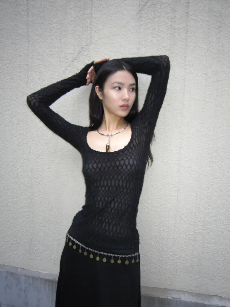 Yedinas Gothic Black Sheer Long T-Shirt