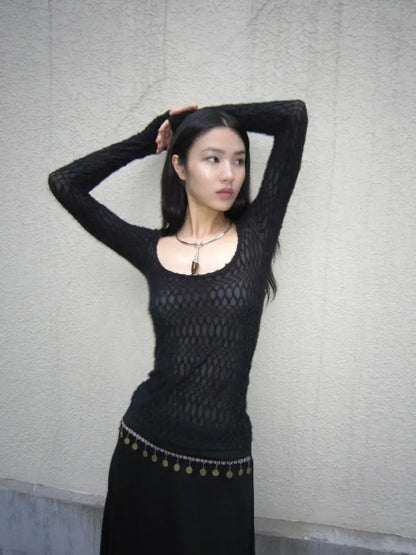 Yedinas Gothic Black Sheer Long T-Shirt