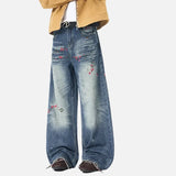 Retro Floral Embroidered Wide Leg Jeans