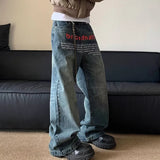 Retro Korean Letter Printed Wide Leg Jeans