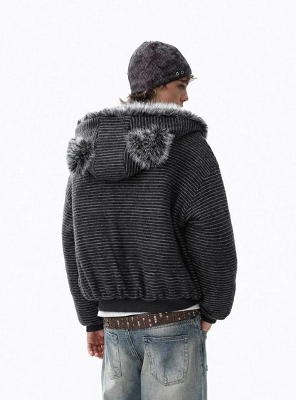 Brushed Striped Rabbit Faux Fur Hooded Jacket