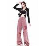 Women Star Pink Letters Printed High Waisted Jeans