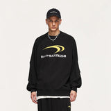 Model wearing the black Modern Romanticism Sweatshirt in a gray background