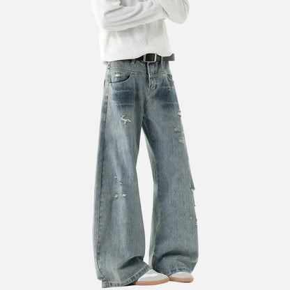 Bamboo Striped Distressed Wide Leg Jeans
