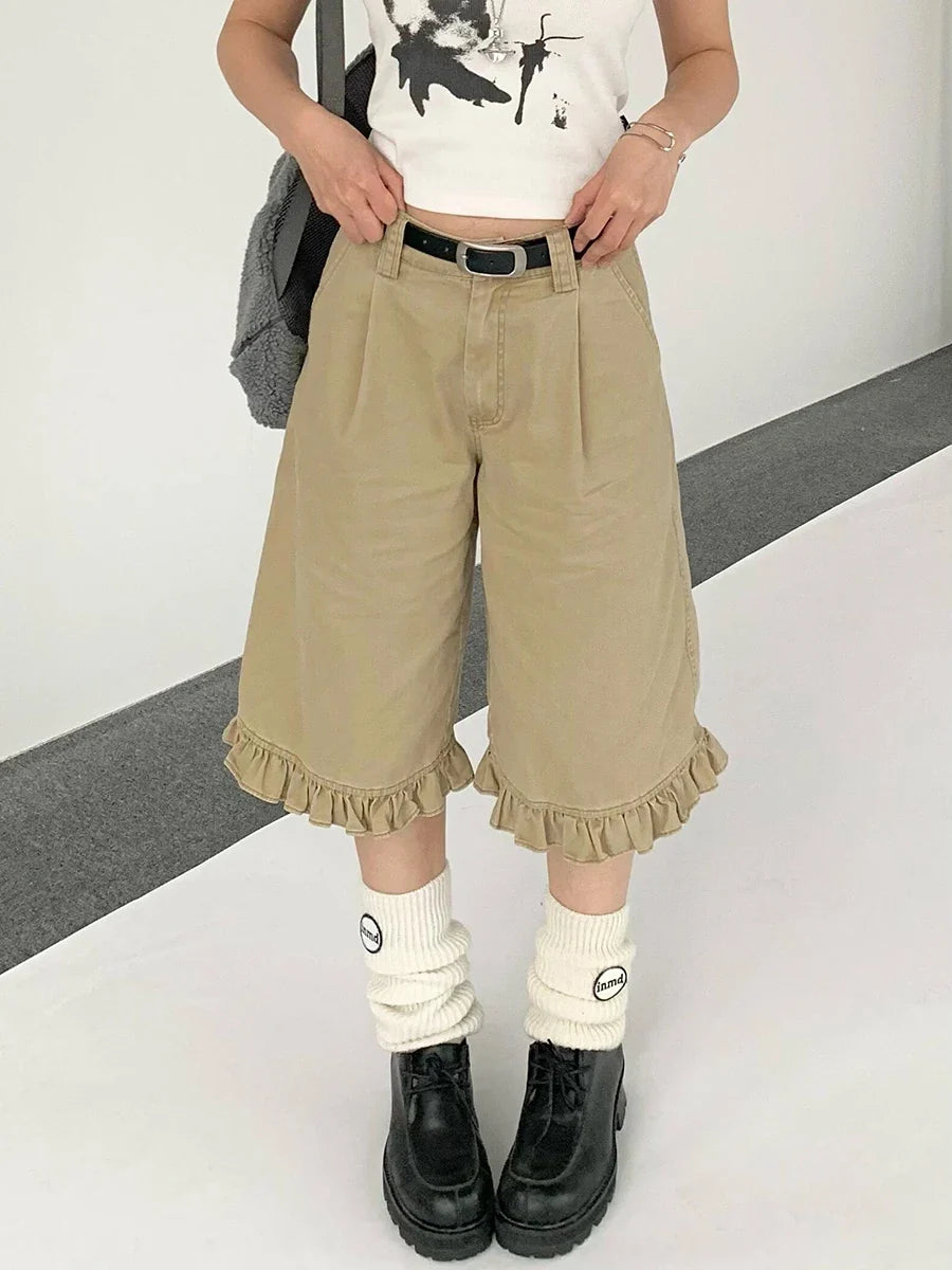 Chic Khaki Ruffled High Waist Jorts
