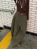 Streetwear Retro Military Green Curved Knife Pants