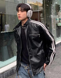 Korean Style Striped Casual PU Leather Jacket