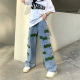 Elastic High Waist Flocked Embroidered Jeans