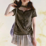 Vintage Patchwork Grunge Aesthetics Halter T-Shirt