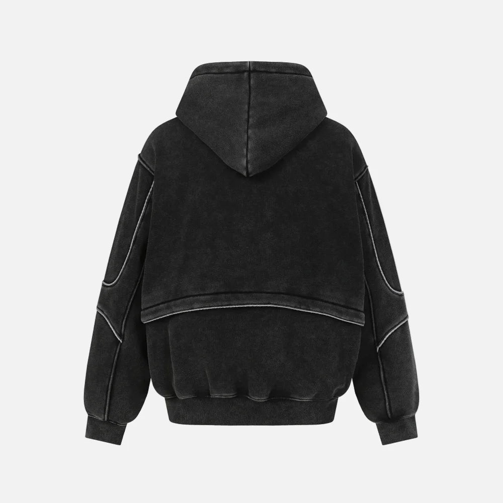 Washed Distressed Front Pocket Spliced Hoodie