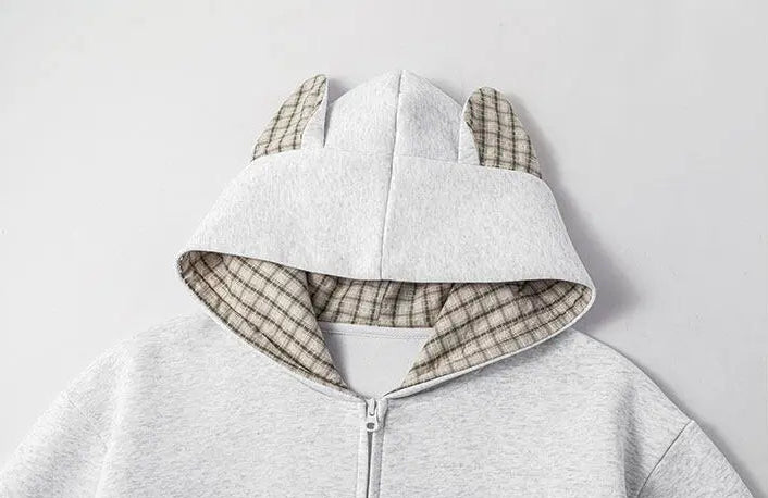 Streetwear Oversized Plaid Cat Ear Hooded Sweatshirt