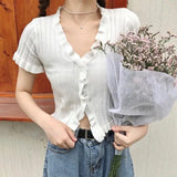 Model wearing the white Ribbed Button-Up T-Shirts 