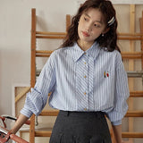 Women Classic Chic Vintage Striped Embroidered Shirt