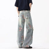 Retro Peony Flower Jacquard Ripped Jeans