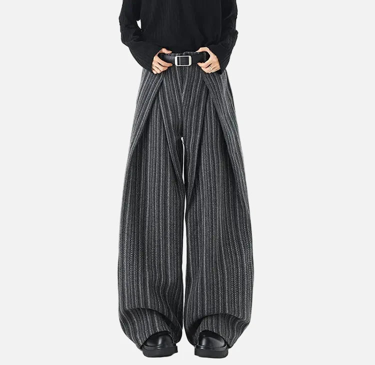 Striped Solid Color Woolen Pleated Wide Leg Pants