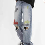 Trendy Blue Washed Ripped Straight Leg Jeans