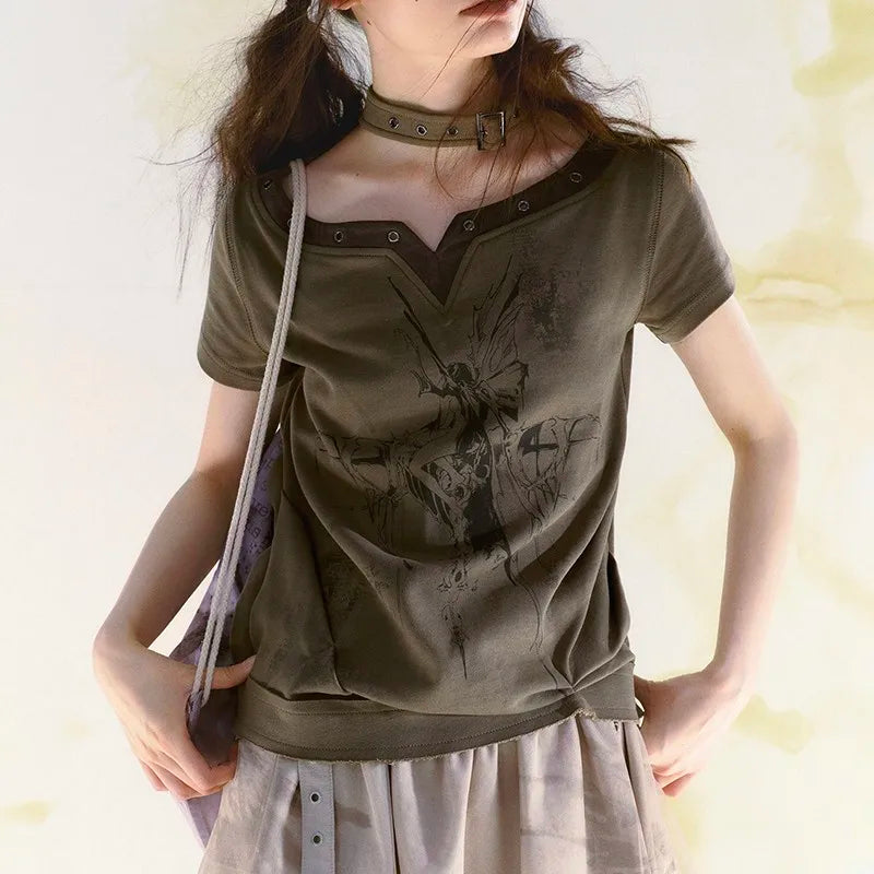 Vintage Patchwork Grunge Aesthetics Halter T-Shirt