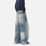Streetwear Blue Washed High Waist Wide Leg Denim Jeans