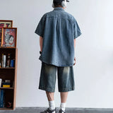 Retro Washed Wide Leg Denim Shorts