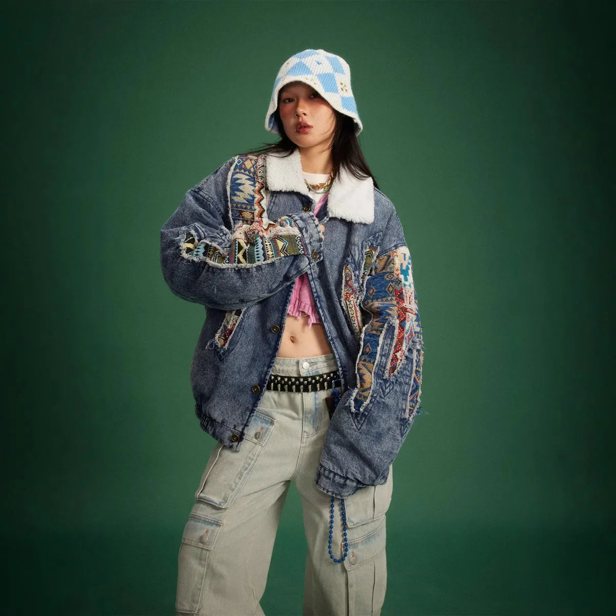 Y2K Thick Winter Patchwork Denim Jacket