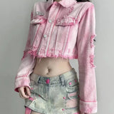 Pink Ripped Hip Hop Short Denim Jacket