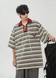 Vintage Striped Patchwork Lace-Up Polo T-Shirt