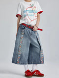 Vintage Wash Floral Print Denim Jorts