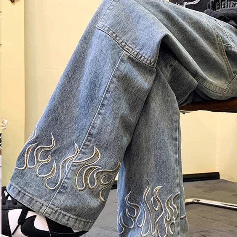 Model wearing the blue Flame Detail Cargo Jeans 