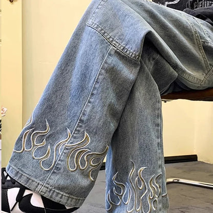 Model wearing the blue Flame Detail Cargo Jeans 