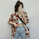 Women Korean Style Vintage Rose Print Short Sleeve Shirt