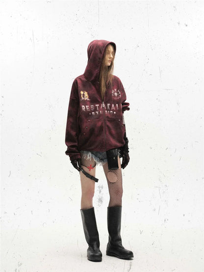 Y2K Spring Breathable Red Zip Up Hooded Sweatshirt