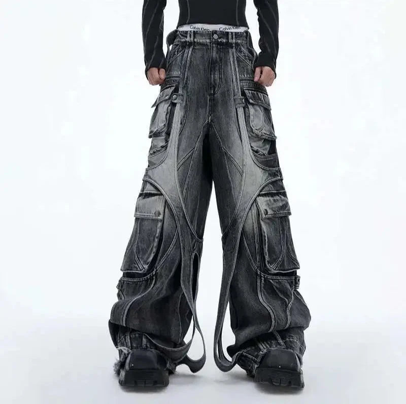 Patchwork Irregular Ribbon Wide Leg Baggy Jeans