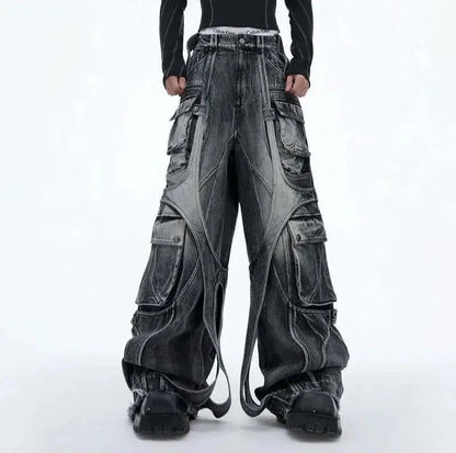 Patchwork Irregular Ribbon Wide Leg Baggy Jeans
